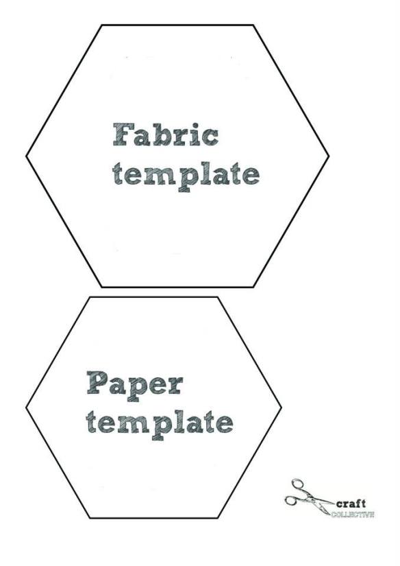 Two hexagons on a sheet - one slightly larger than the other. The larger reads "fabric template", the smaller, "paper template."