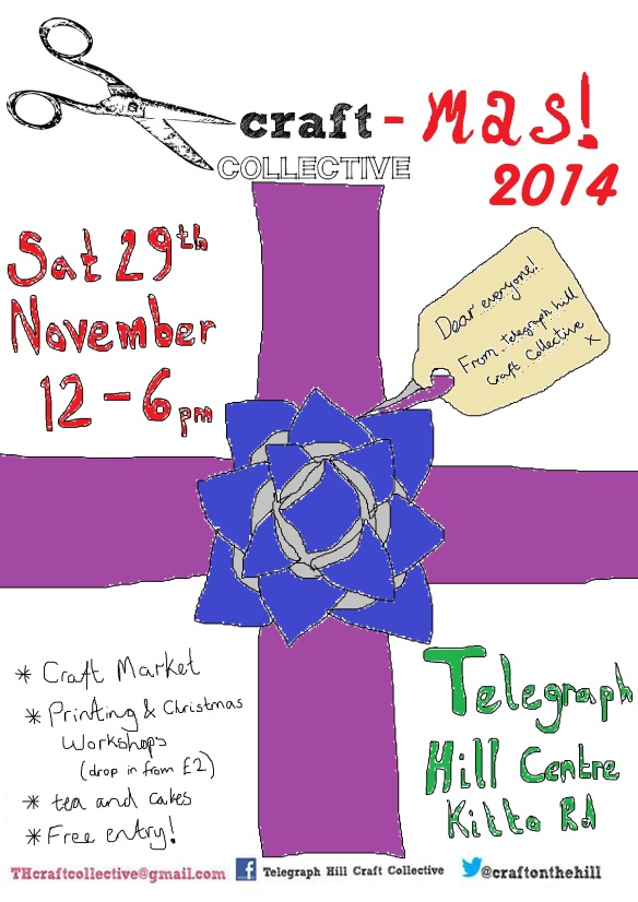 Craftrmas poster - a large purple ribbon with blue bow in centre. Has fair's details on - all contained in body of blog post.